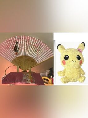 Pikachu Plush with flower + Japanese Folding Fan - Narita/Haneda Bamboo Blossom